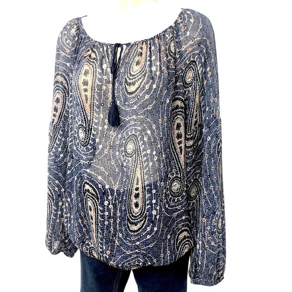 Lucky Brand Blue Pink Paisley Long Sleeve Popover Top Elastic Waist Tassel Ties - Picture 16 of 16